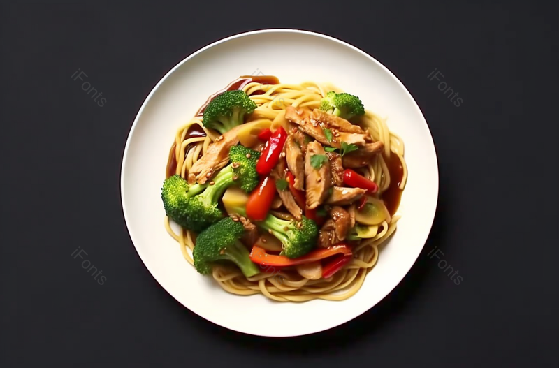 黑色背景下盘子里意大利面西蓝花牛肉酱食物的高角度视角,高清,摄影图,摄影图片,图片大全,摄影图免费下载